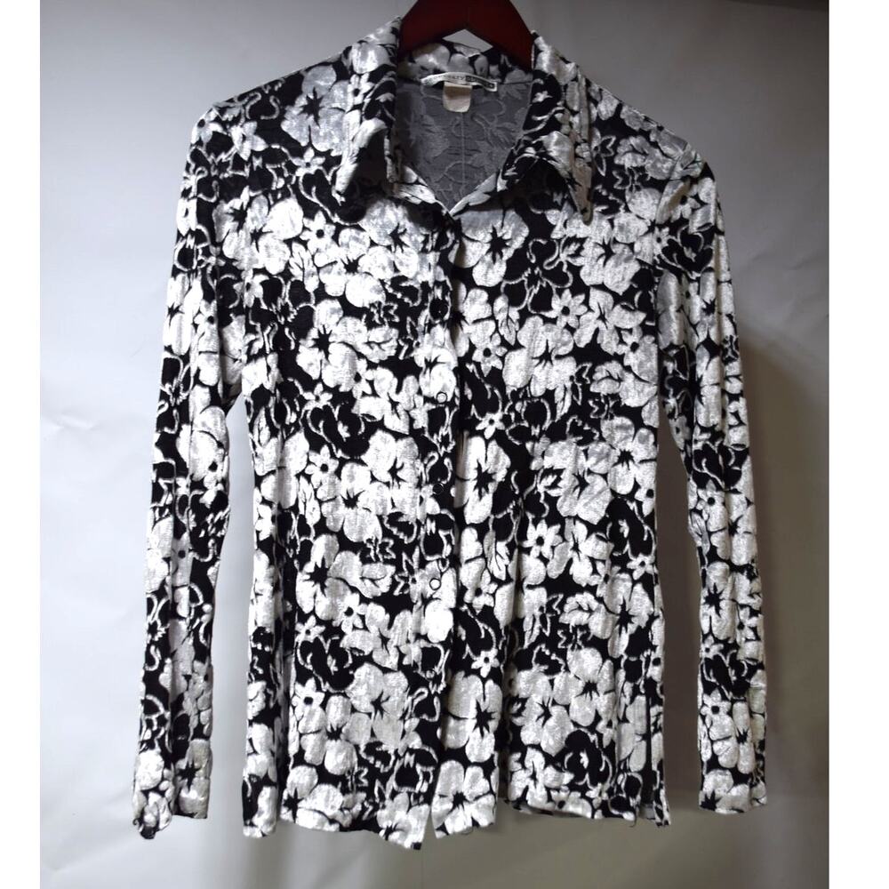 Necessary Objects Vintage 90s Black Silver Floral Velvet Blouse Small